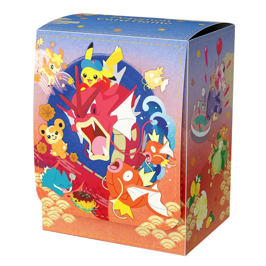Eevolvd Hiroshima Special Box med Exklusivt kort och sleeves och deck box med exempel på hur pikachu promo boxen ser ut direkt från Pokemon Center Japan