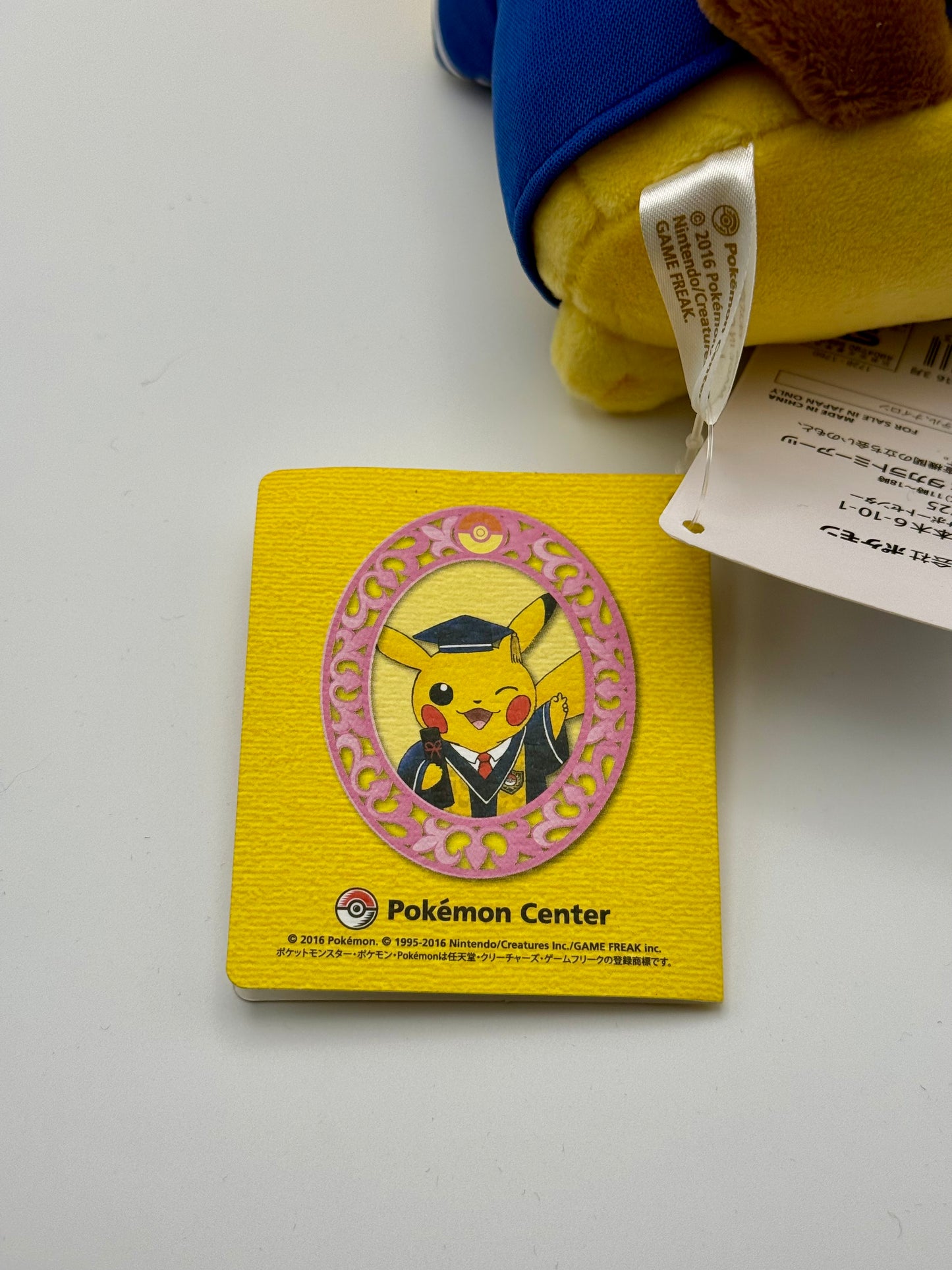 Eevolvd Pikachu Plush March 2016 med hatt och dräkt samt diplom sedd med sin tag direkt fran Pokemon Center Japan