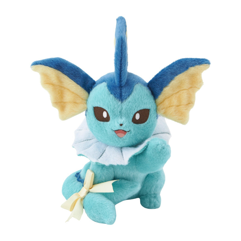 Eevolvd Vaporeon Plush med vinkande tass och sittandes med ett leende direkt fran Pokemon Center Japan