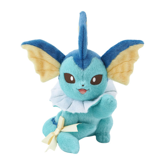Eevolvd Vaporeon Plush med vinkande tass och sittandes med ett leende direkt fran Pokemon Center Japan
